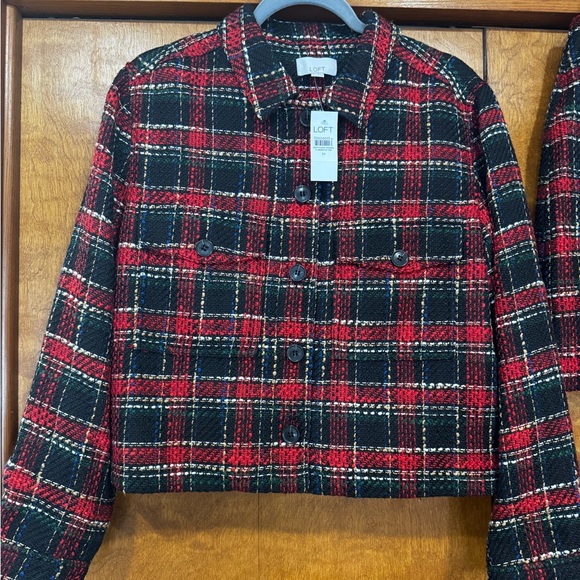 Never Worn LOFT Red Plaid Tweed Jacket & Skirt Set Size M/6 - Picture 2 of 4